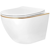 унитаз Rea Carlo Mini 49x36,5 подвесной безободковый смыв торнадо, сиденье, white/gold (REA-C6806)